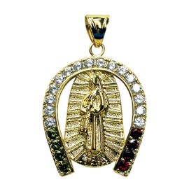 RC & J GENERAL 14kt GP Virgin Mary Guadalupe & Horseshoe CZ Pendant - Dije Virgen De Guadalupe Con Herradura
