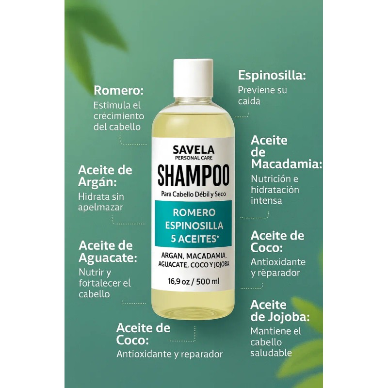Shampoo Romero, Espinosilla Y 5 Aceites 500ml, Hidratante