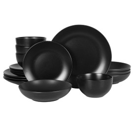 Gibson Home Queenslane 16 Piece Double Bowl Plates and Bowls Dinnerware Sets - Matte Black