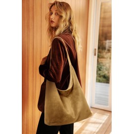 KALIDI Vintage 15L Hobo Bag Faux Suede Tote Zipper Work Bag Vegan Leather Shoulder Strap for Women Travel Purse