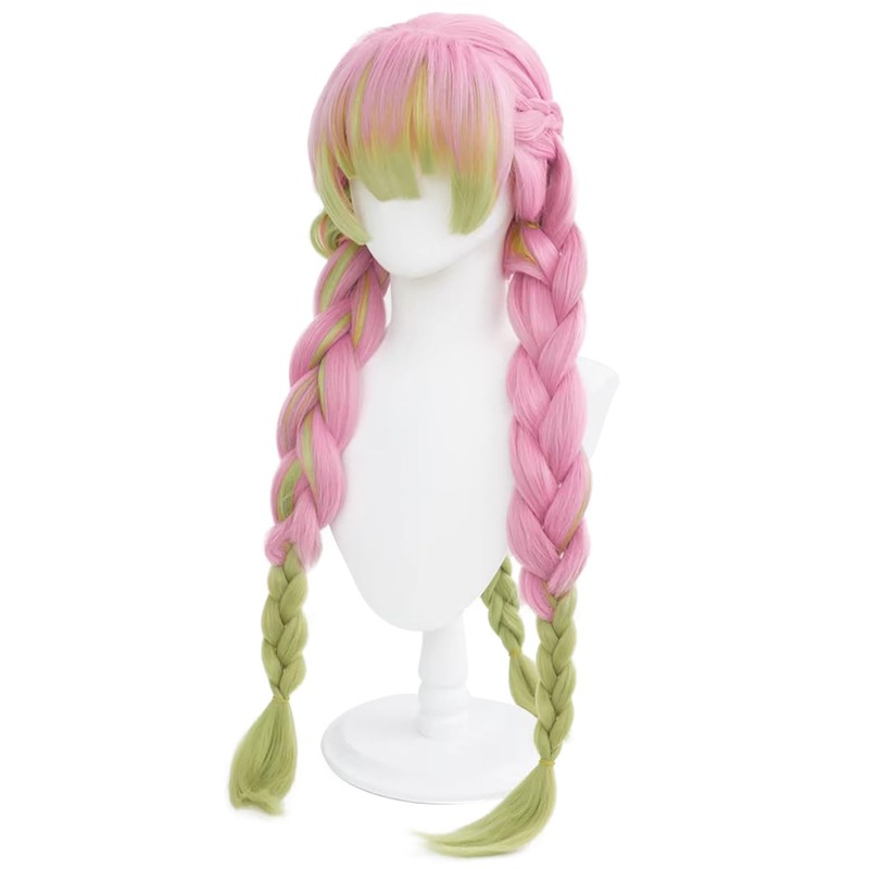 Pink Gradient Green Three Braided Long Wig for Women Hair