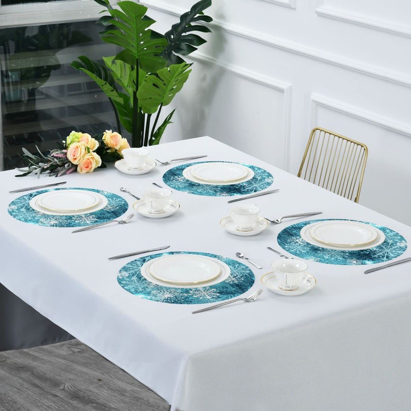 Christmas Placemats Teal Blue White Snowflake Round Placemats Set of