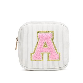 Preppy Patch Makeup Bag,Travel Small Cosmetic Bags Corduroy Portable Waterproof Toiletry Storage Case with Chenille Letter Zipper Washable Lipstick Daily Use Pouch for Women,Mini White A