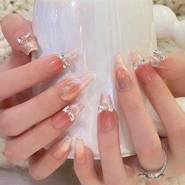 Pure Handmade Nails Press on Nail Reusable Fake Nails Aurora&Butterfly Bling Bling Medium Stick on Nails French Tip False Nails 10pcs (L, Q292)