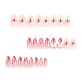 Almond Press on Nails Valentine Fake Nails Medium Length Heart Glue on Nails 3D Bow Designs Acrylic Gel Nails Kit Red Artificial Nails Valentines False Nails for Women Nail Art 24Pcs