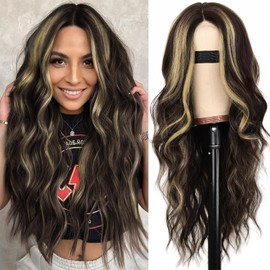 AISI HAIR Long Wavy Wig for Women,Dark Brown with Blonde Highlight Wavy Lace Hairline Wig, 26 Inch Middle Part Synthetic Heat Resistant Wig for Daily Party