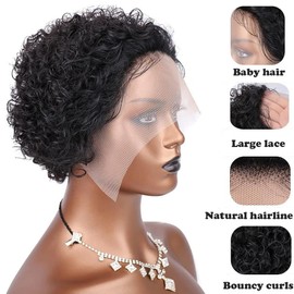 Short Curly Human Hair Wigs for Black Women Pixie Cut Wig Human Hair 13X1 HD Lace Front Bob Wigs Pre Plucked with Baby Hair Curly Wig Human Hair Transparent Pixie Wig 150% Density (#1B Nature Black)
