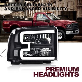 CNNELL LED DRL Bar Headlights Assembly Compatible with 2005 2006 2007 Ford F250 F350 F450 F550 SuperDuty Headlamp(Clear lens Black Housing Clear Reflector)