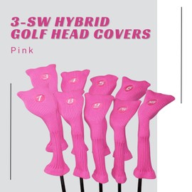 Majek All Hybrid Golf Club Pink Headcover Set 3-SW. Neoprene Acrylic Head Covers 3 4 5 6 7 8 9 PW SWQ