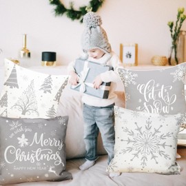 Christmas Cushion Covers - Xmax Decorative Pillow Case 18 x 18 Set of 4 Gray Retro Vintage Decor Throw Pillow Covers for Home Indoor Sofa Christmas Decor