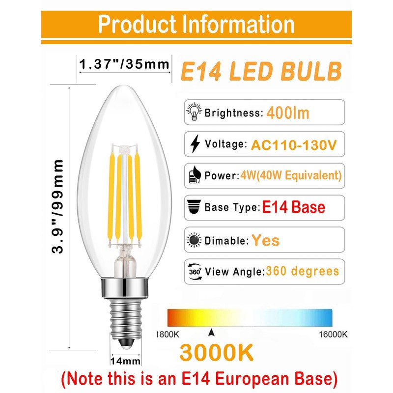 Lamsky E14 LED Bulb Dimmable,110V 400LM 40W Equivalent Warm White