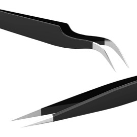 Black Lash Tweezers 2 Pcs, Stainless Steel Eyelash Extension Tweezers Straight and Curved Tip Eyelash Tweezers
