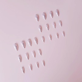 24pcs Almond False Nails - Press on Nails - 3D Three-Dimensional Water Ripple Stick On Nails - 12 Sizes Medium Length Glue on nails - Elegant White Tips Design Acrylic Fake Nail