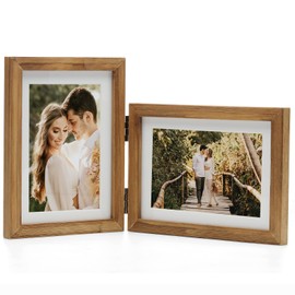 Janreefan Double Vertical & Horizontal Picture Frames Hinged Folding Rustic Photo Frames Poster Frames in Brown Made of Pine Wood with Real Glass for Wall Hanging or Tabletop Standing, Display