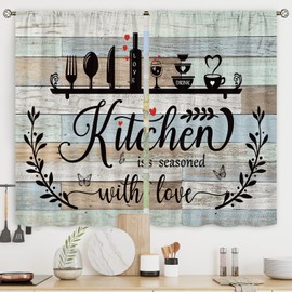 Riyidecor Teal Kitchen Kitchen Curtains Rustic Wooden Plank Butterfly Flower Rod Pocket Farmhouse Vintage Plant Natural Botanical Country Bedroom Living Room Treatment Fabric 2 Panels 27.5Wx39H Inch