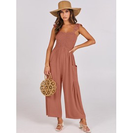 ANRABESS Women Summer Casual Dressy Sleeveless Smocked Wide Leg Linen Jumpsuits Rompers 2025 Trendy Travel Outfit Pocket Rust Small