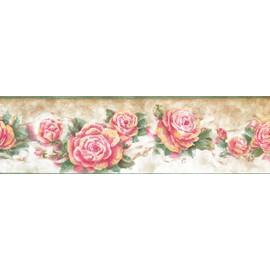 CONCORD WALLCOVERINGS ™ Wallpaper Border Floral Pattern Roses Leaves Ribbons for Cottage Bedroom Living Room, Pink Green Beige, 15 ft by 7 in HHB530923