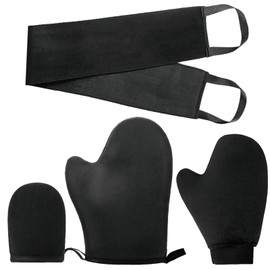 Self Tanning Mitt Applicator Set, 4 In 1 Black Double Sided Self Tanning Glove with Exfoliate Mitt, Mini Tanning Glove, Washable and Reusable Sun-Free Tanning Gloves Tool Set for Back Tanning Mitts