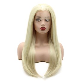 Meiyite Hair Straight Long 24inch Beige Half Hand Tied Realistic Synthetic Lace Front Wigs