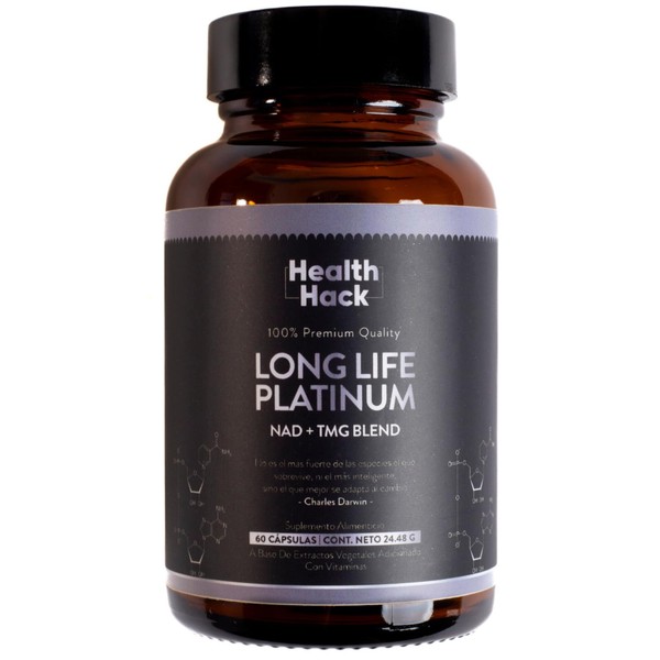 Health Hack LongLife Platinum NAD+ TMG Blend | Soporte Avanzado para Vitalidad y Longevidad | Con Trimetilglicina, NAD, CoQ10, Acetil L-Carnitina, Semilla de Uva, Resveratrol, Vitaminas C, E, y D