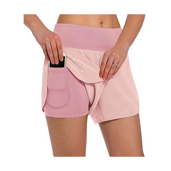 Ksmien Women's 2 in 1 Running Shorts - Lightweight Athletic Workout Gym Yoga Shorts Liner with Phone Pockets Pink
