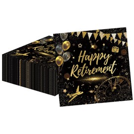 Ovanda Pack of 20 Napkins Retirement, 33 x 33 cm Napkins Retirement Decoration, Disposable Tableware Retirement Napkins Black Gold for Retirement Parties,