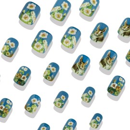 24pcs Blue Press On Nails Short Square Fake Nails With Easter Theme Cute Flower Pattern Rabbit Gloss Design False Nails Acrylic Artificial Full Cover Stick Reusable On Nails Manicure For Women
