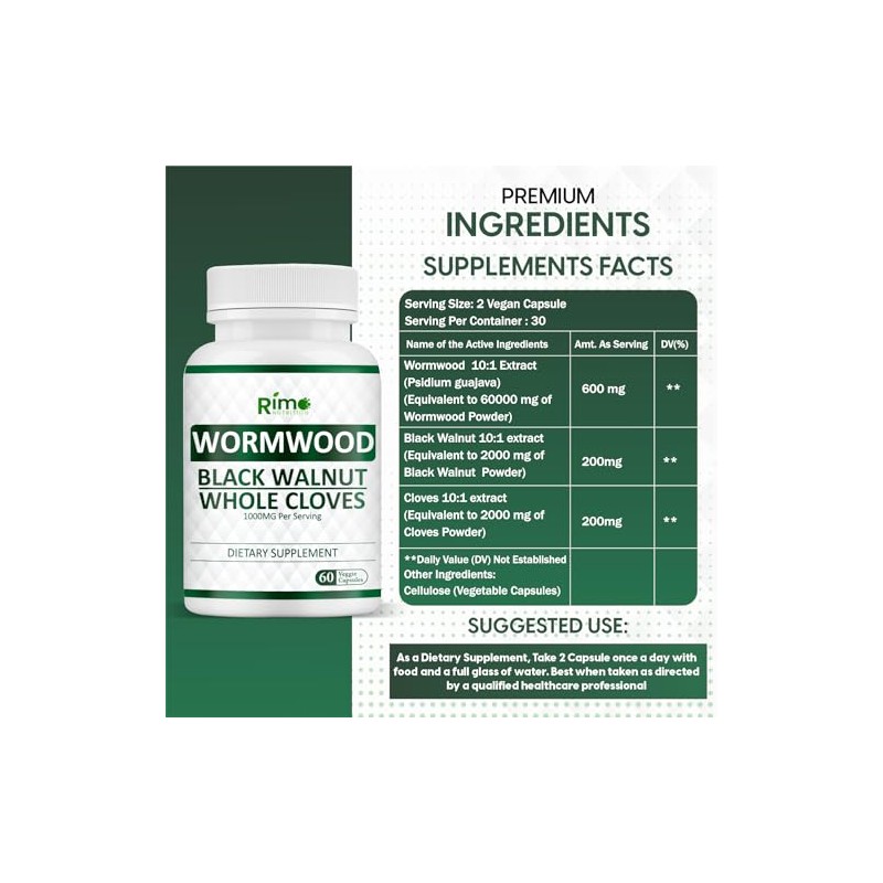 Rimo Nutrition Wormwood Black Walnut Clove Capsules - Cleanse, Detox,