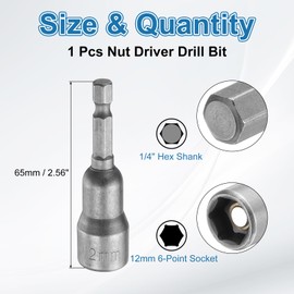 sourcing map Hex Nut Driver Drill Bit 12mm Metric 6-Point Socket 1/4" Hex Shank Magnetic Setter CR-V Steel Bolt Sockets for Power Drills Impact Drivers, 2.56" (65mm) Long