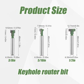 3pcs Keyhole Router Bits Set, 1/4 Inch Shank T Slot Cutter Set Router Bits, Blade Diameter 5/16", 3/8", and 1/2", Cutting Woodworking T Track Slotting Cutter for Wood Hex Bolt Milling Cutter Home DIY