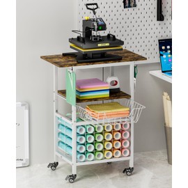 Ardier Movable Heat Press Machine Cart with Basket and Hooks, 3 Tier Crafting Shelf Organizer with Vinyl Roll Holder, Workbench for DIY Sublimation Transfer Machine and Printer or T-shirt Maker, White