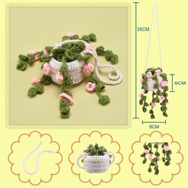 AuMoHall Crochet Potted Plants Car Rear View Mirror Hanging Ornament Handmade Knitted Basket Wall Hanging Pendant Cute Craft for Indoor Outdoor Home Decorations, Potted Pink Flower Plants