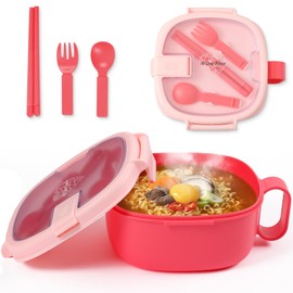 AI LOVE PEACE Microwavable Ramen Bowl Cooker with Lid - Leakproof Noodle Container with Built-In Utensils, BPA-Free, Dishwasher & Freezer Safe [Bright Pink]