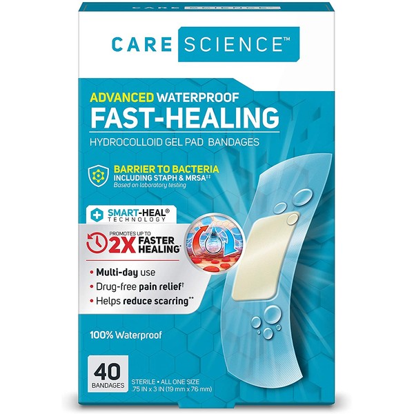 Care Science Fast-Healing Waterproof Hydrocolloid Gel Pad Bandages, 0.75 in x 3 in, 40 ct | 100% Waterproof Seal, 2X Faster Healing, Barrier to Bacteria, for Blisters or Wound Care