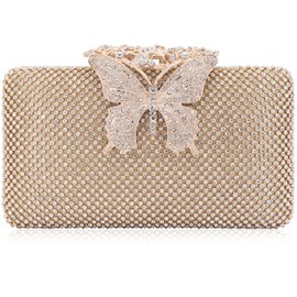 Dexmay Rhinestone Crystal Clutch Purse Butterfly Clasp Women Evening Bag for Formal Party Gold