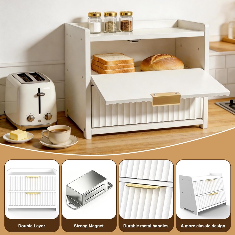 Txcucc Large Bread Box, White, Double Layer Wooden