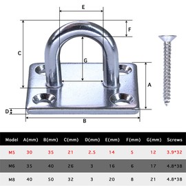 Ceiling Hook Stainless Steel with Eyelet Plate, Rubber Stoppers and Screws - For Yoga, Punch Bag, Swing, Hammock and Training Strap - M5 Eye Plate Wall Hook Eyelet Holder 4-Hole in Rustproof 304
