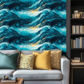 HOMETITUTE Ocean Wave Peel Stick Wallpaper 15.7x39.4 Blue Green Fluid Art