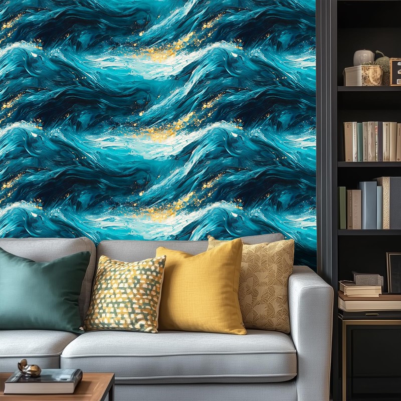 HOMETITUTE Ocean Wave Peel Stick Wallpaper 15.7x39.4 Blue Green Fluid