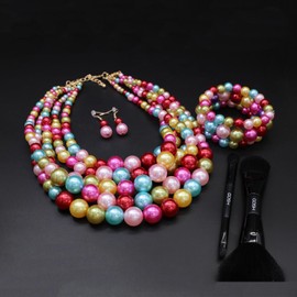 Faux Large Pearl Necklace for Women Five Multi Strand Pearl Necklace Bracelet Earrings set Big Pearl Bib Necklace 1920s Costume Jewelry Set, Adjustable, Zinc, Created Pearl