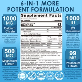 Calcium Citrate 1000mg, Calcium Gummies with Calcium & Magnesium 2:1 Ratio, Plus Vitamin D3, Zinc, B6 & Potassium – High Absorbable Calcium Chewable, Bone & Muscle Support, Vegan, Sugar-Free, 120Cts
