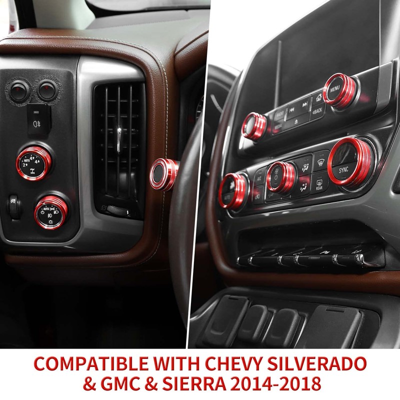 PDKLIN for Silverado Center Console Knob Cover Trim Ring Red