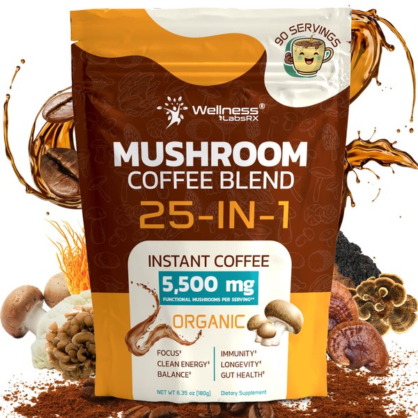 Mushroom Coffee Organic Instant Coffee, 25-in-1, Third-Party Tested Keto Friendly