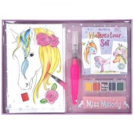 Depesche 12107 Miss Melody Watercolour Paint Set with 20 Sheets Motif Templates on Watercolour Paper, Creative Painting Set with 5 Watercolour Paints, Brush Pen and Sponge, Medium