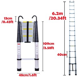 Telescoping Extension Ladder 6.2M/20.35ft Aluminium Extension Telescopic Ladder Multi-Purpose Foldable Ladders and Roof Hook Portable Space-Saving Max Load 150kg/330lb