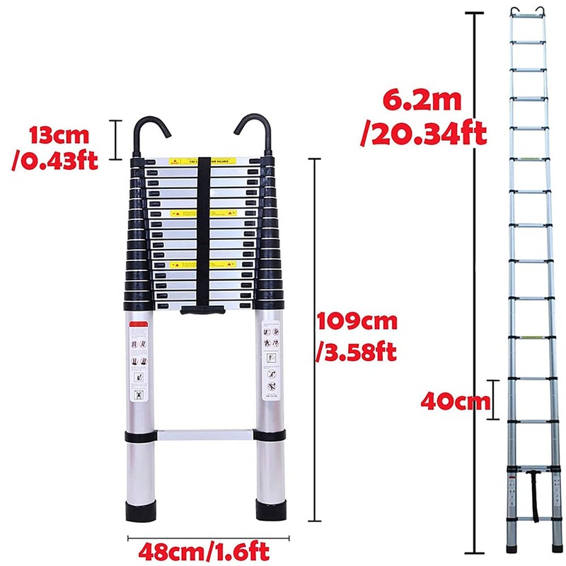 Telescoping Extension Ladder 6.2M/20.35ft Aluminium Extension Telescopic Ladder Multi-Purpose Foldable