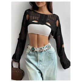GORGLITTER Women's Hollow Out Sheer Bolero Shrugs Boat Neck Long Sleeve Sexy Crop Jumper Sweater Ripped Crochet Tops Black X-Large