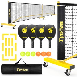 TYRSEN Pickleball Net Set - 22FT Net on Wheels, 4 Paddles, 6 Balls, 12 Court Markers, 1 Bag, Indoor/Outdoor Play