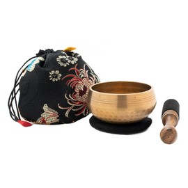 Cast Singing Bowl Set in Hammered Antique Look for Nursery, Yoga, Suitable for Attention, Includes Wood/Leather Striker and Black Base Packed in Bag -5053