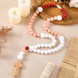 Misdary Baby Rosary Baptism Gift Silicone God Bless Kids First Rosary with Cross 1st Year Baptism Party Supply for Baby Shower Christian Communion Gifts(Dark Pink,Square)